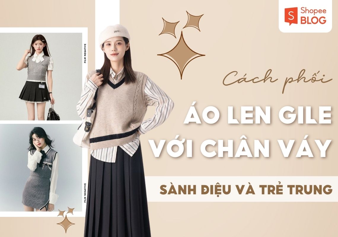 cách phối áo len gile với chân váy