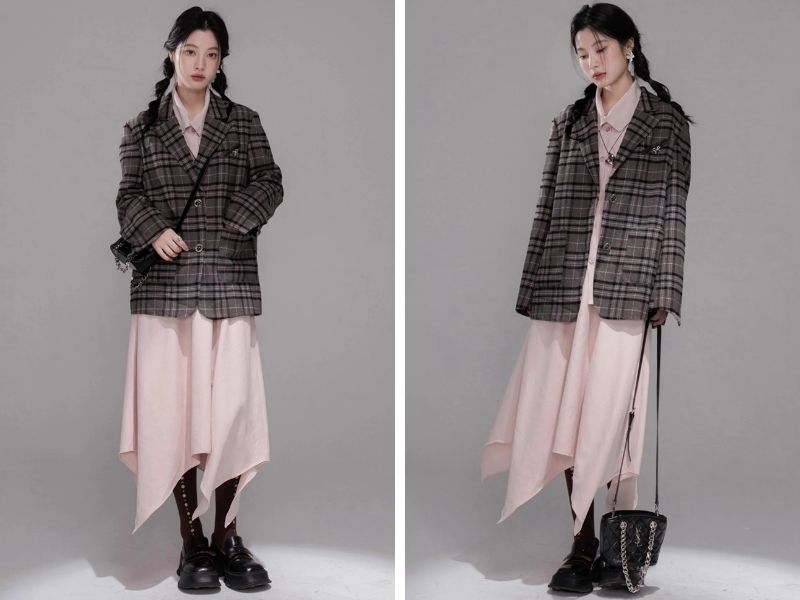Cách phối chân váy suông dài với áo blazer