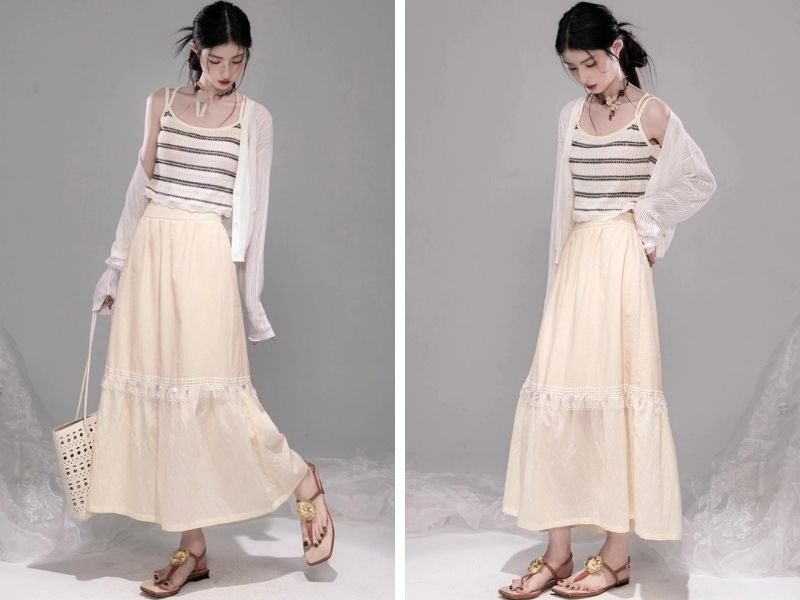 Cách phối chân váy suông dài với áo hai dây