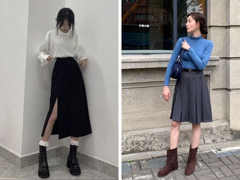 chân váy chữ a ngắn hoặc xẻ tà với áo len cổ lọ