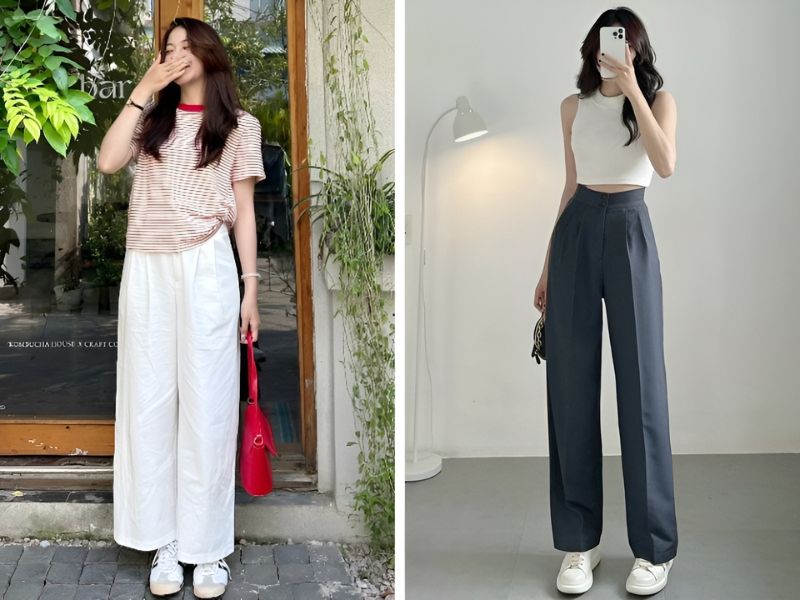 Phối quần ống suống, áo thun và giày sneaker