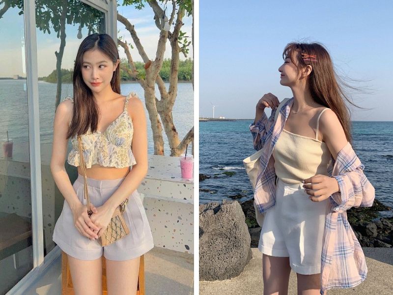 áo hao dây quần short lưng cao đi biển