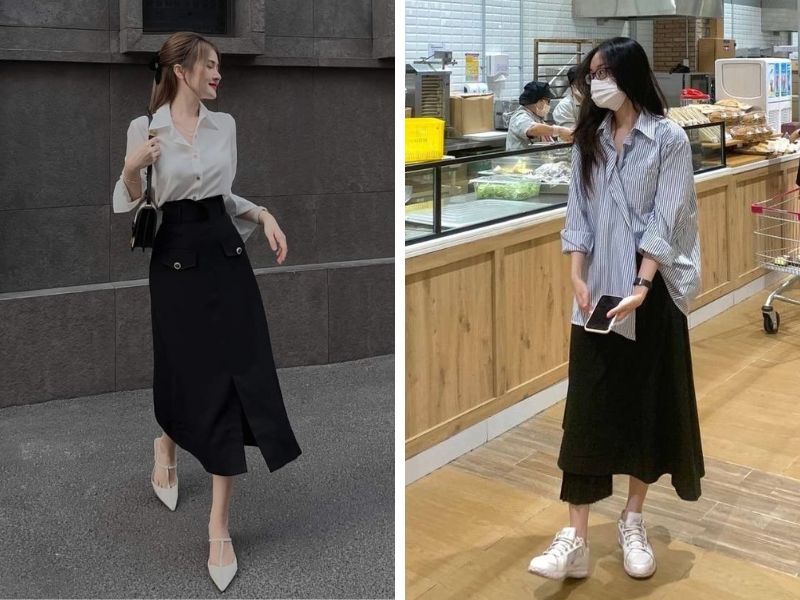 chân váy chữ A dài với áo sơ mi tay dài