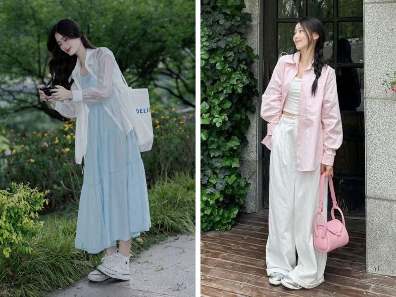 áo sơ mi form rộng khoác ngoài váy hoặc áo ba lỗ trắng