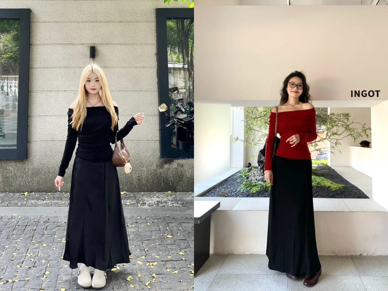 Phối váy chữ A dài với áo trễ vai thanh lịch