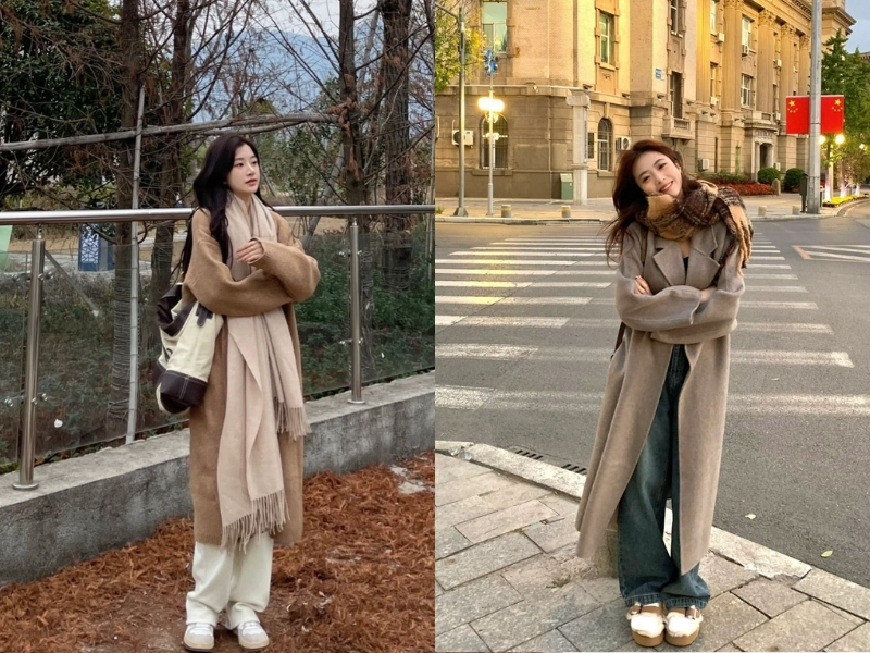 Áo dạ dáng dài phối áo len mỏng và quần tối màu