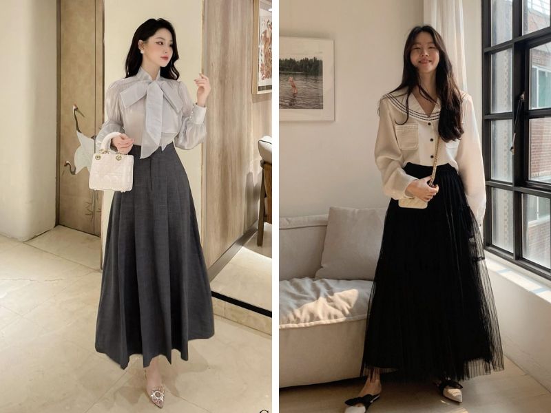 áo sơ mi lụa satin với chân váy dài