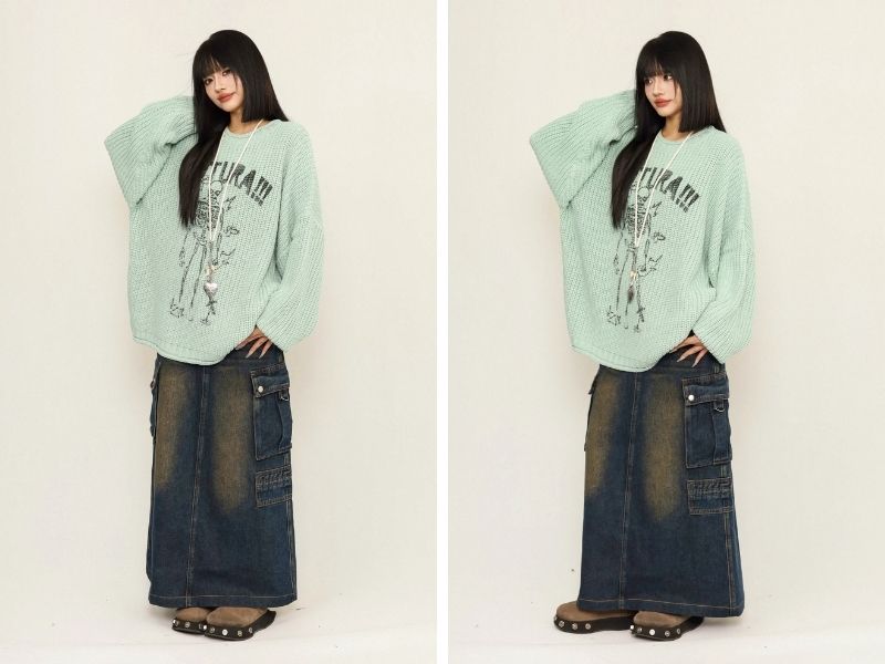 Cách phối chân váy jean dài với áo sweater