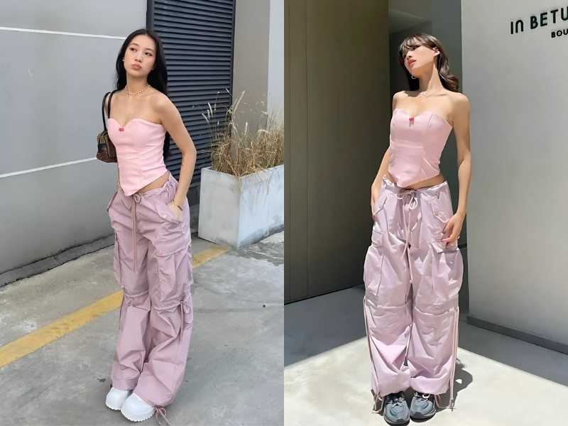 Phối quần baggy tím với áo cúp ngực hồng