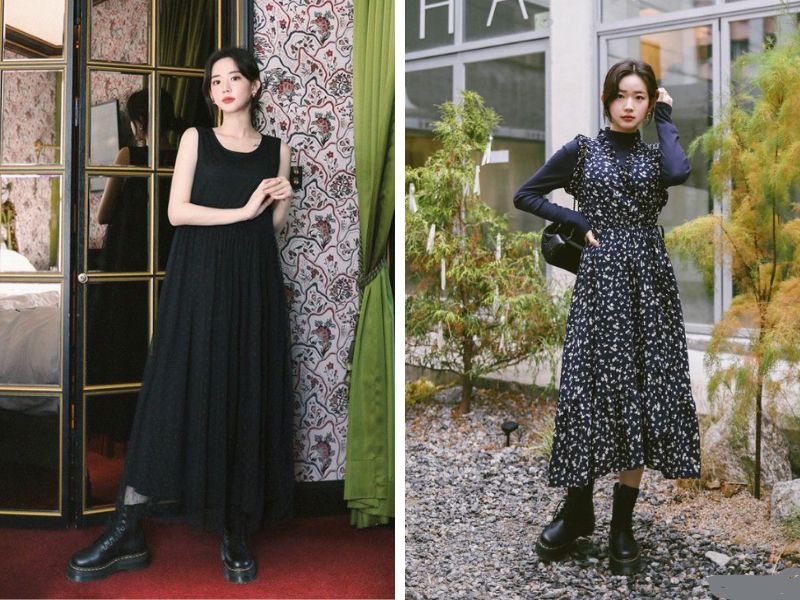 váy maxi dài với boot đế thô