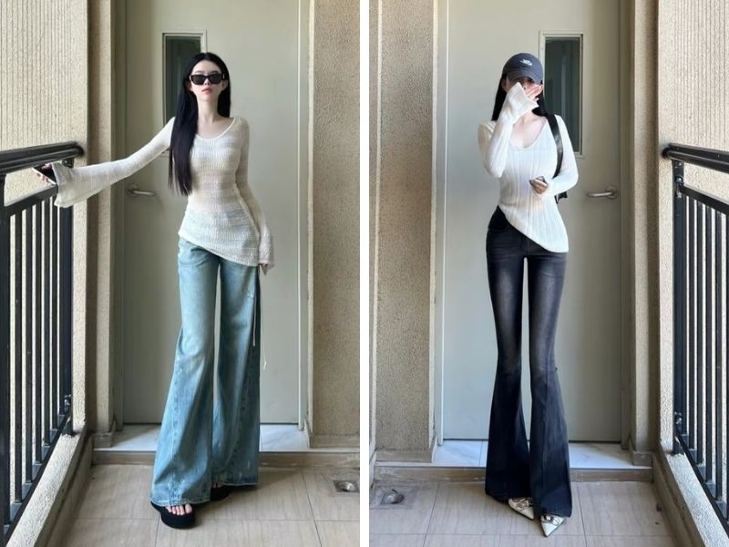 Quần jean ống loe nữ phối cùng áo kiểu