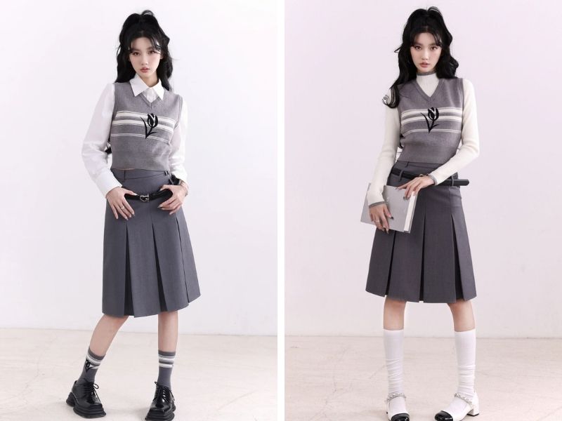 Cách phối áo len gile với chân váy lửng