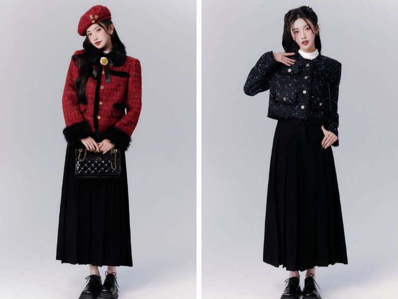 Cách phối chân váy xếp ly với áo khoác tweed