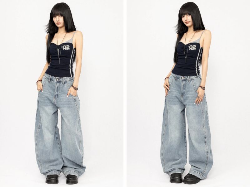 Phối đồ với quần baggy jean và áo hai dây