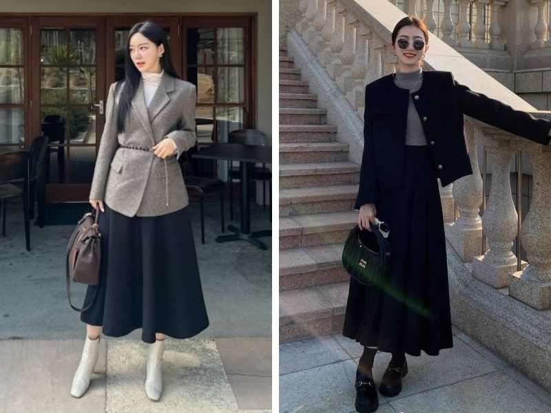 blazer dạ và chân váy dài dáng chữ a
