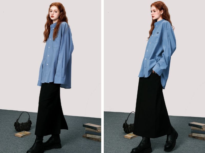 Cách phối chân váy suông dài với áo sơ mi