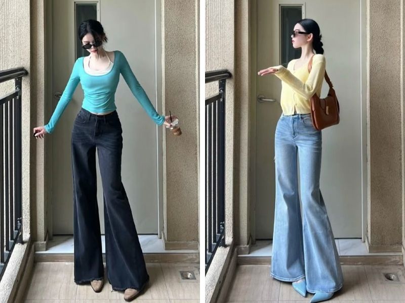 Cách mix quần jean ống loe với áo kiểu