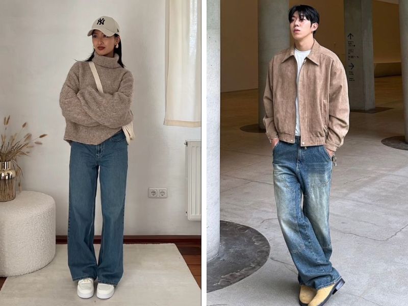 áo nâu nhạc và be với quần jean xanh dương