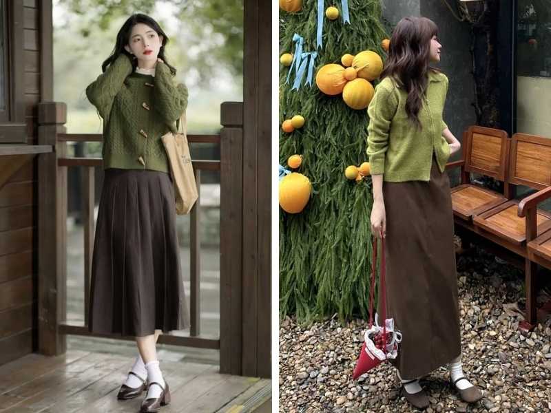Phối áo dài tay xanh rêu với chân váy nâu