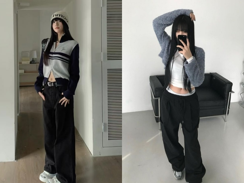 Phối đồ với quần ống suông đen và áo cardigan
