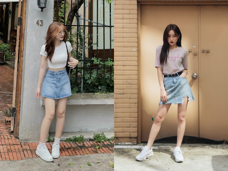 Áo thun phối với chân váy jean chữ A