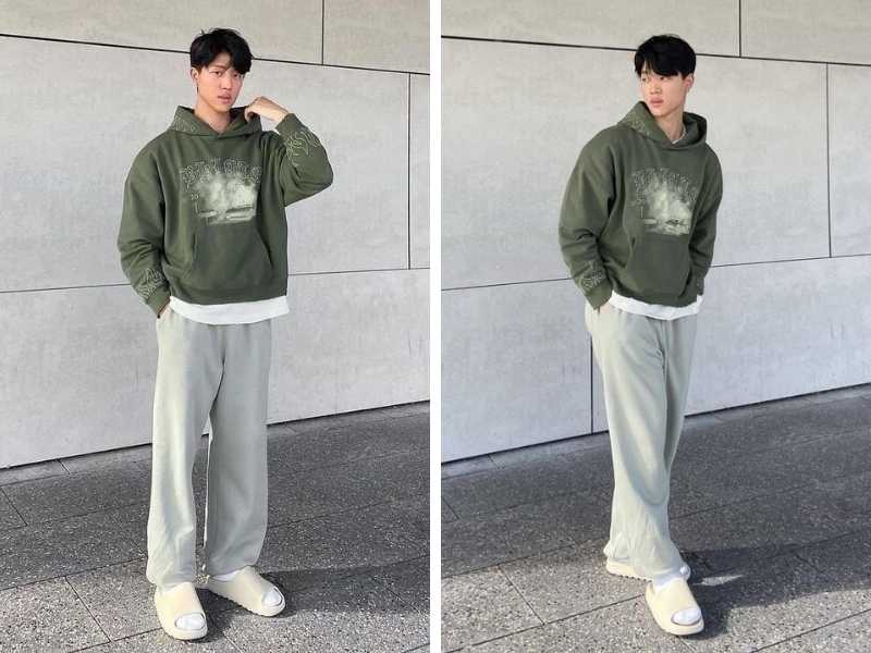 Quần jogger xám phối với hoodie nam xanh bơ