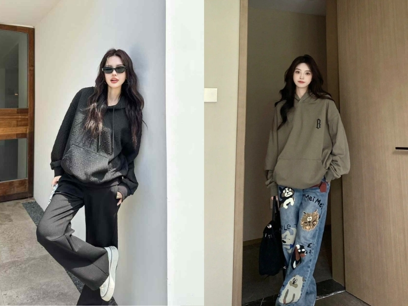 Áo hoodie phối quần ống rộng mùa đông