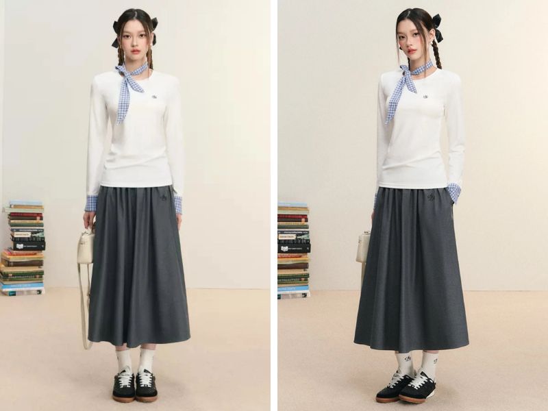 Cách phối chân váy suông dài với áo dài tay