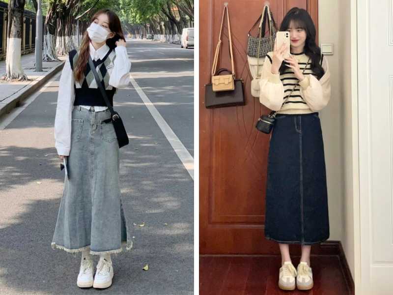 Cách phối áo gile với chân váy jean