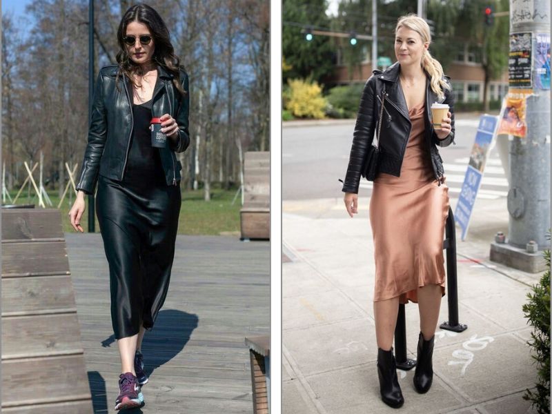 Phối áo khoác da nữ với váy slip midi cho buổi hẹn hò