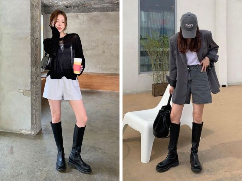 áo blazer và quần short với boots cổ cao dưới gối