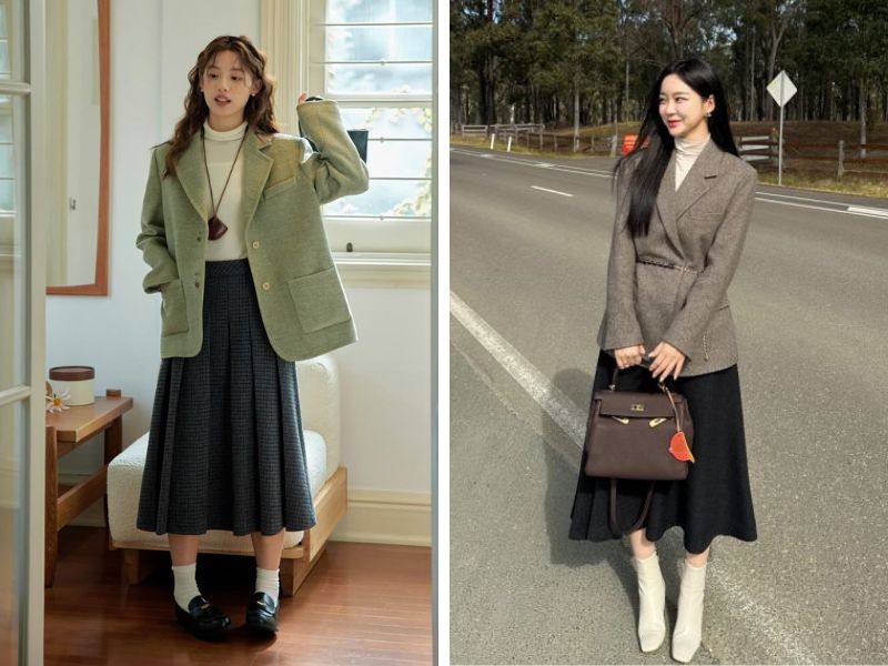 áo blazer và chân váy chữ a