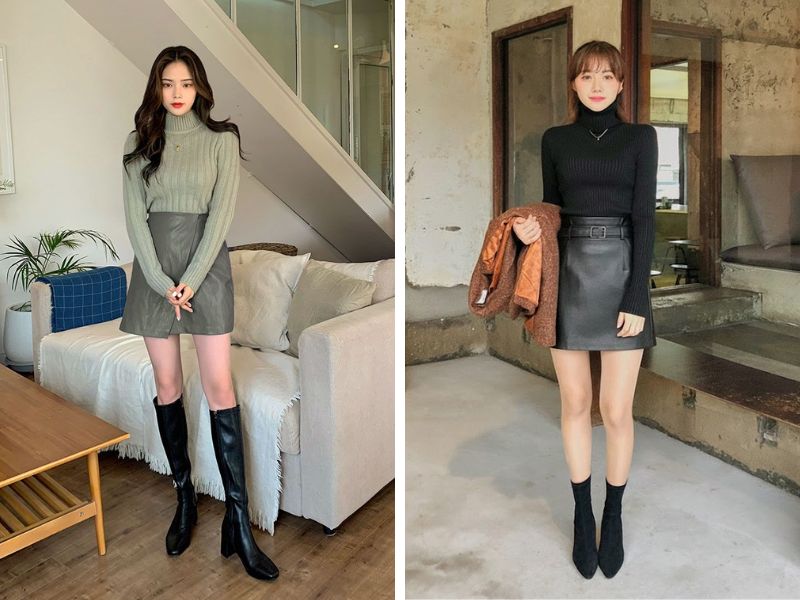 áo len cổ cao với chân váy chữ a da