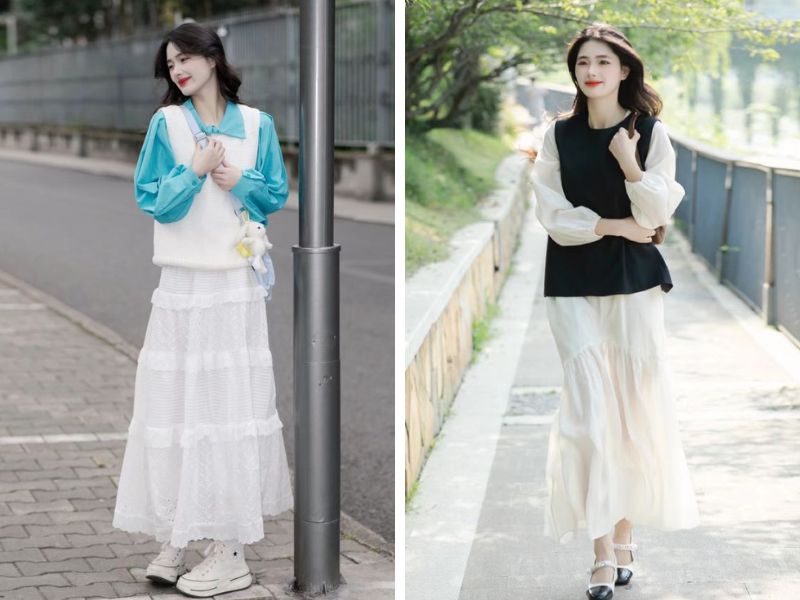 Cách phối áo gile với chân váy voan