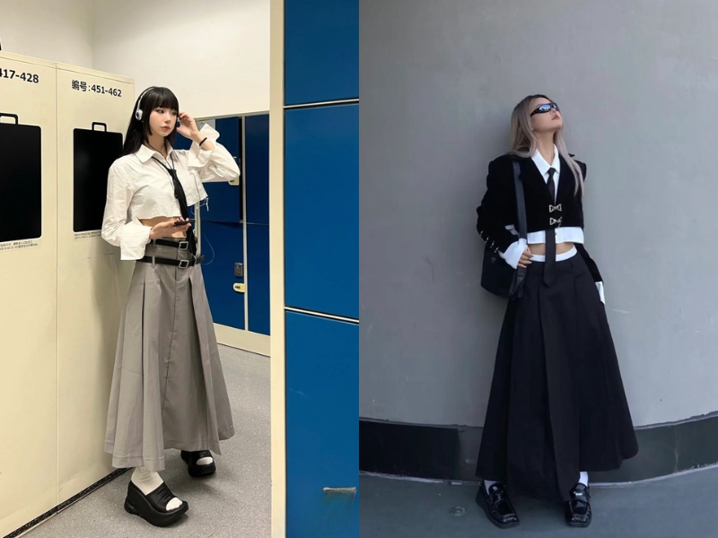 Phối đồ chân váy chữ A dài cùng sơ mi croptop
