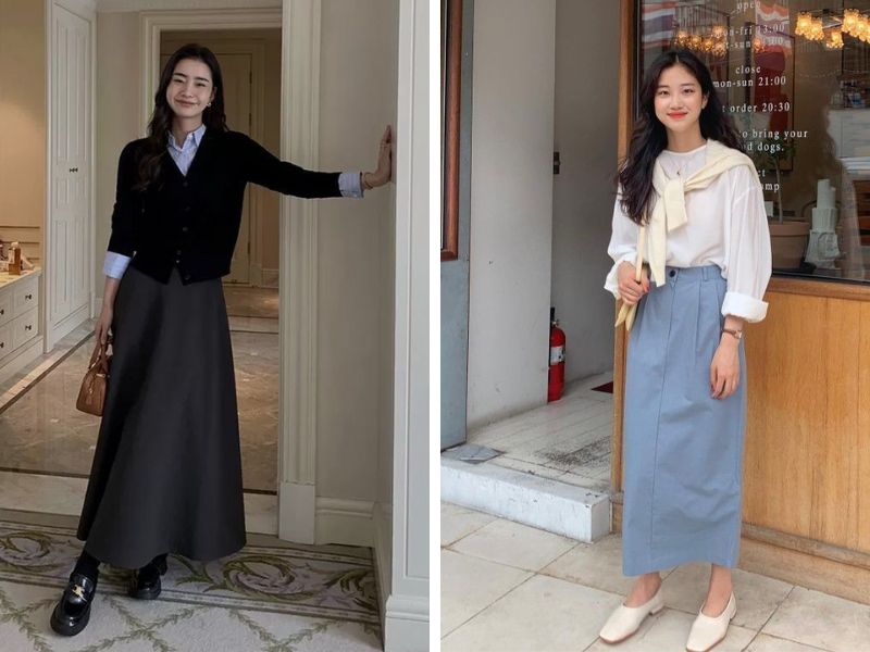 áo sơ mi nữ tay dài chân váy midi