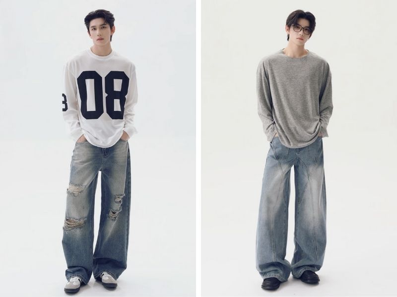 Quần jean ống loe nam phối cùng áo sweater