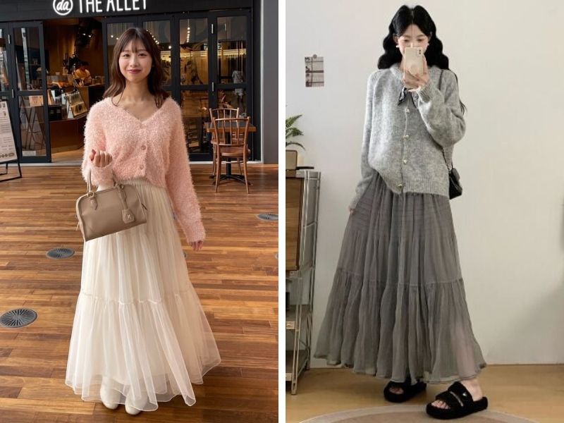 áo cardigan và chân váy dài voan
