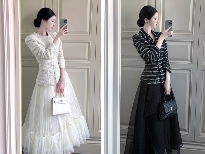 Chân váy voan và áo khoác tweed