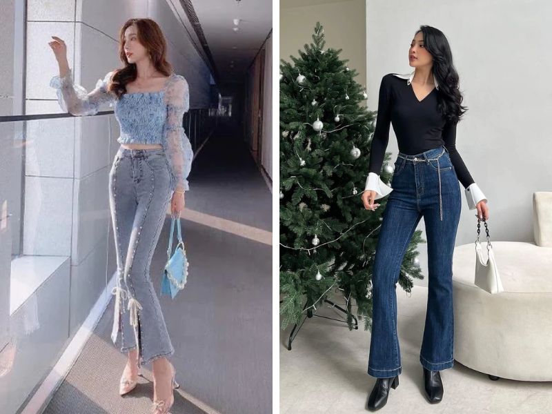 Cách phối áo với quần jean ống loe xẻ tà