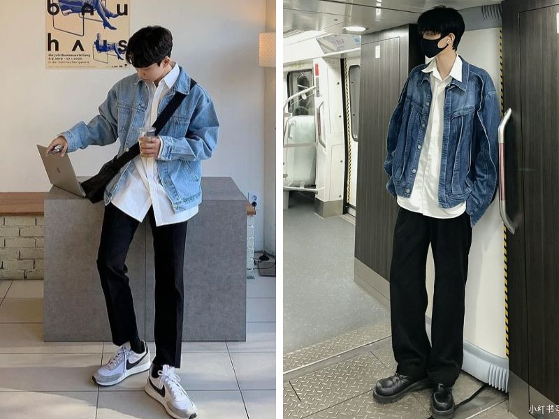 áo khoác jean quần đen áo sơ mi trắng