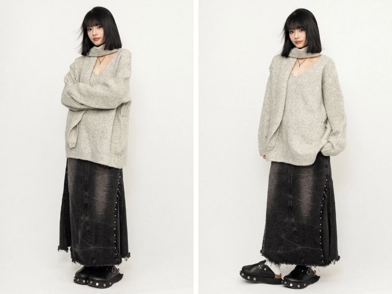 Cách phối chân váy bò dài với áo sweater