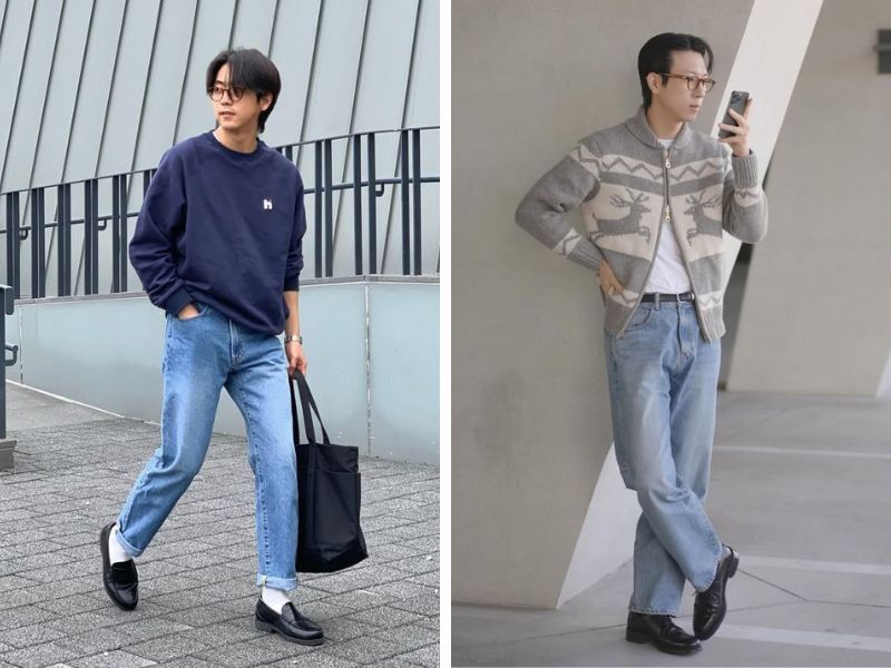 phối quần jean và giày loafer