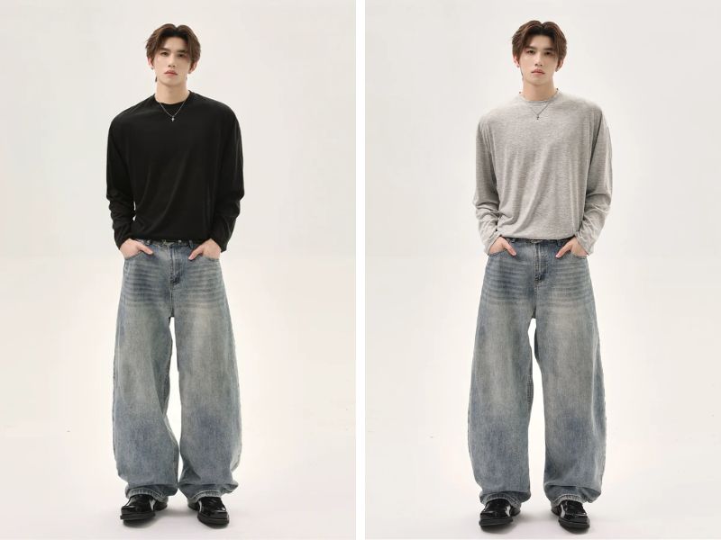 Quần baggy jean nam phối cùng áo sweater