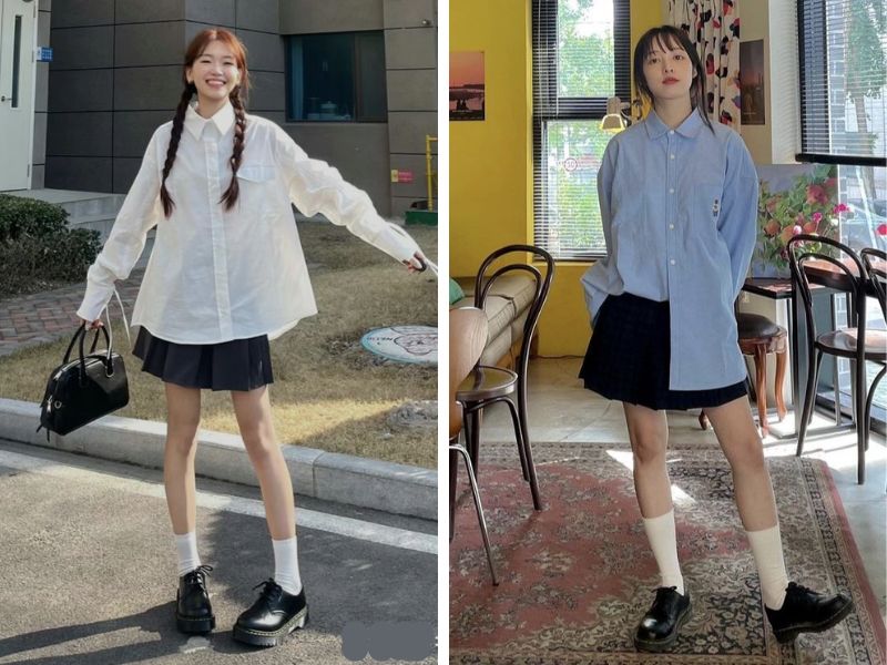 áo sơ mi oversize trắng hoặc xanh với chân váy xòe cạp cao