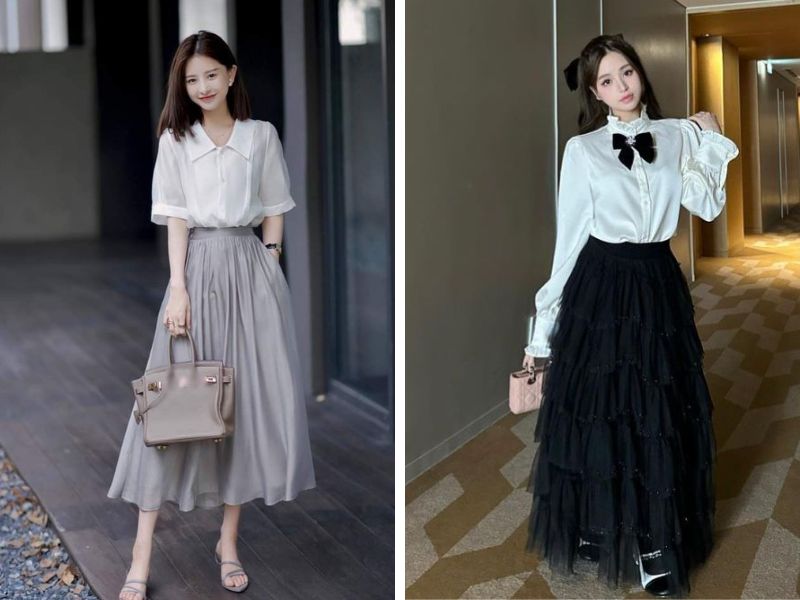 áo blouse tay phồng và chân váy voan
