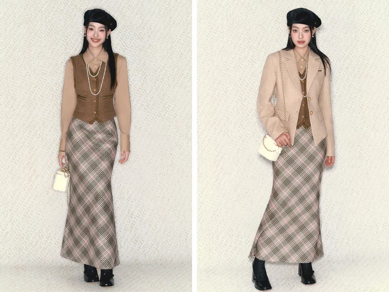 Cách phối áo gile với chân váy đuôi cá