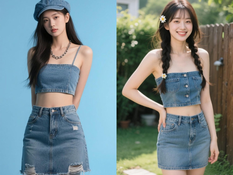 Áo jeans quây phối cùng chân váy jean ngắn