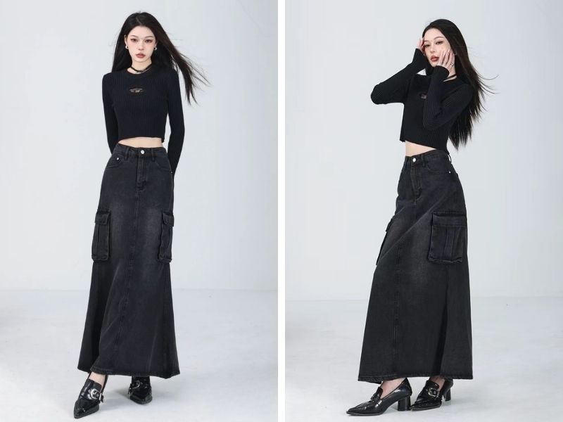Cách phối chân váy bò dài cho người lùn