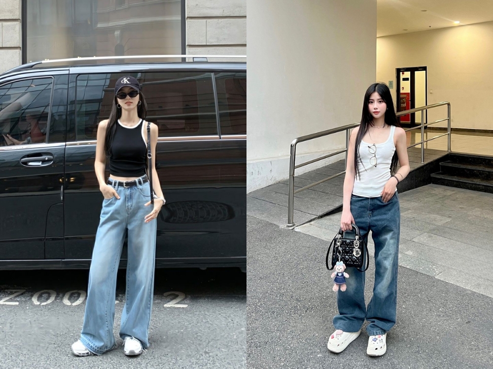 Phối Áo tanktop với quần jean ống suông nữ